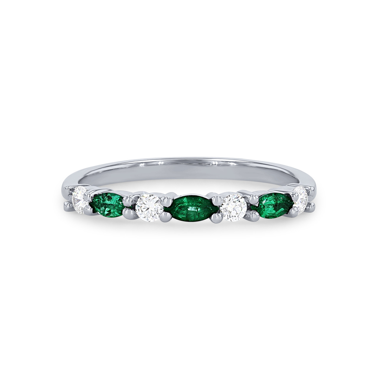 Alternating Marquise Emerald and Round Diamond Wedding Band 0
