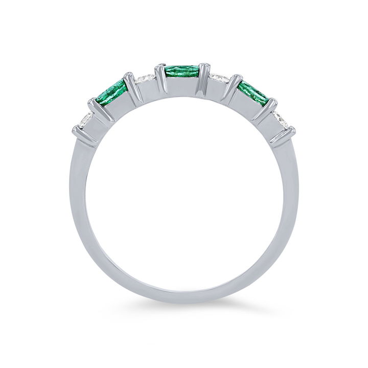 Alternating Marquise Emerald and Round Diamond Wedding Band In White Gold 14K