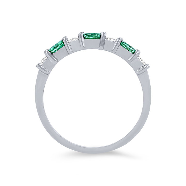 Alternating Marquise Emerald and Round Diamond Wedding Band In White Gold 14K