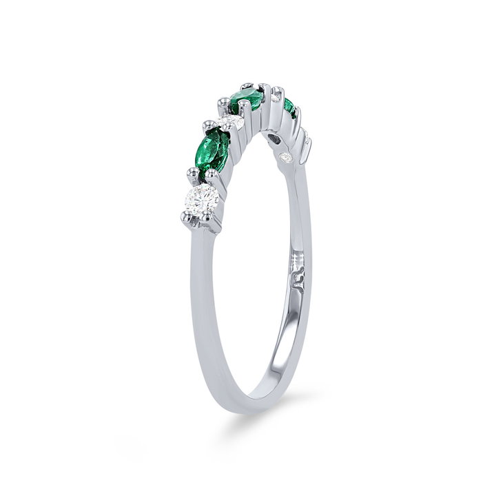 Alternating Marquise Emerald and Round Diamond Wedding Band In White Gold 14K