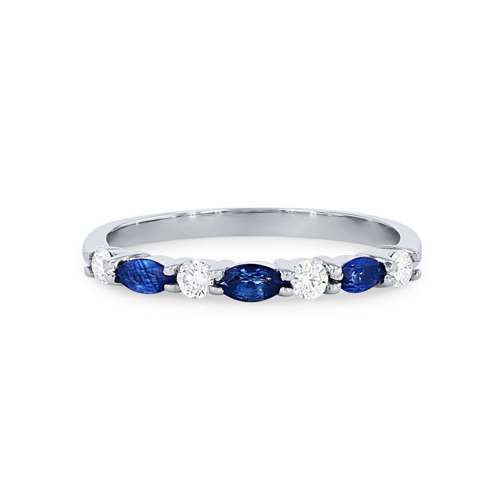 Alternating Marquise Sapphire and Round Diamond Wedding Band In White Gold 14K