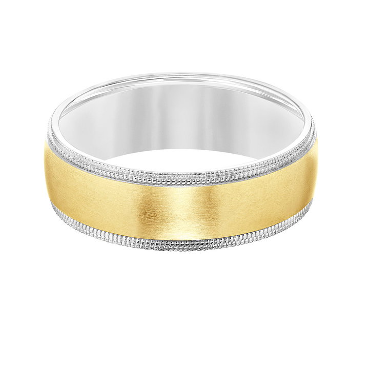 Matte Milgrain Edge 7mm Wedding Band In White And Yellow Gold 14K