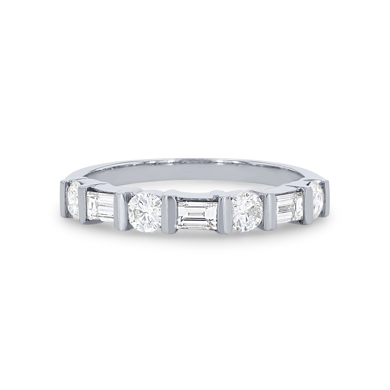 Round and Baguette Diamond Bar Set Wedding Band
