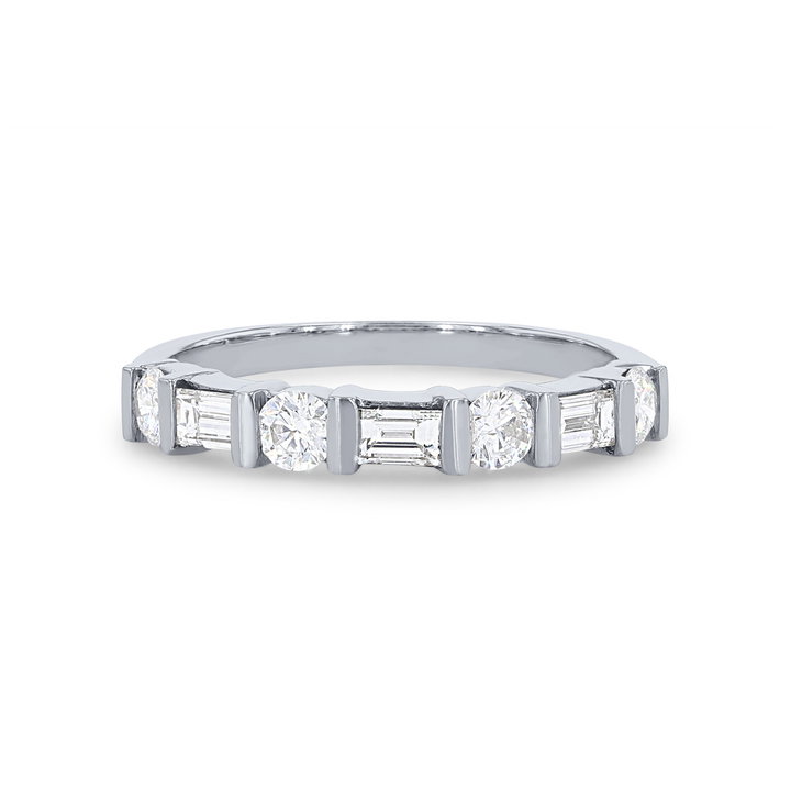 Round and Baguette Diamond Bar Set Wedding Band In White Gold 14K
