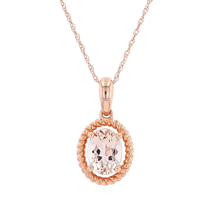 Rose Gold 14K Morganite Pendant with Rope Halo