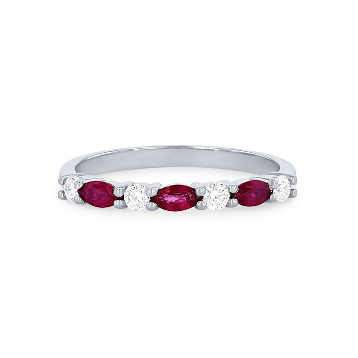 Alternating Marquise Ruby and Round Diamond Wedding Band In White Gold 14K