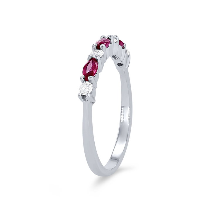 Alternating Marquise Ruby and Round Diamond Wedding Band In White Gold 14K