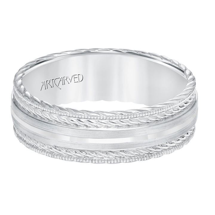 Carved Rope Milgrain 7mm Wedding Band In White Gold 14K