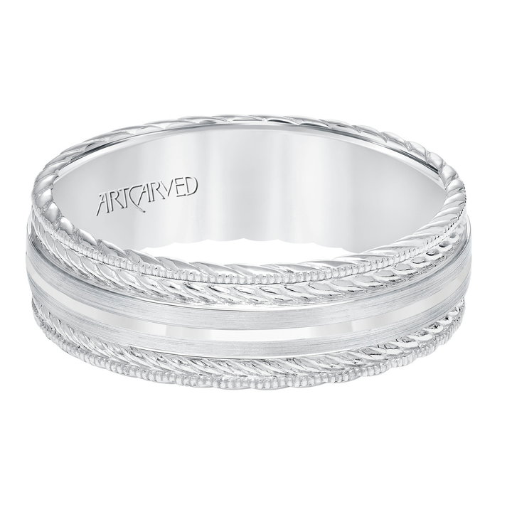 Carved Rope Milgrain 7mm Wedding Band In White Gold 14K
