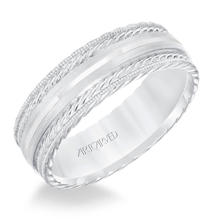 Carved Rope Milgrain 7mm Wedding Band In White Gold 14K