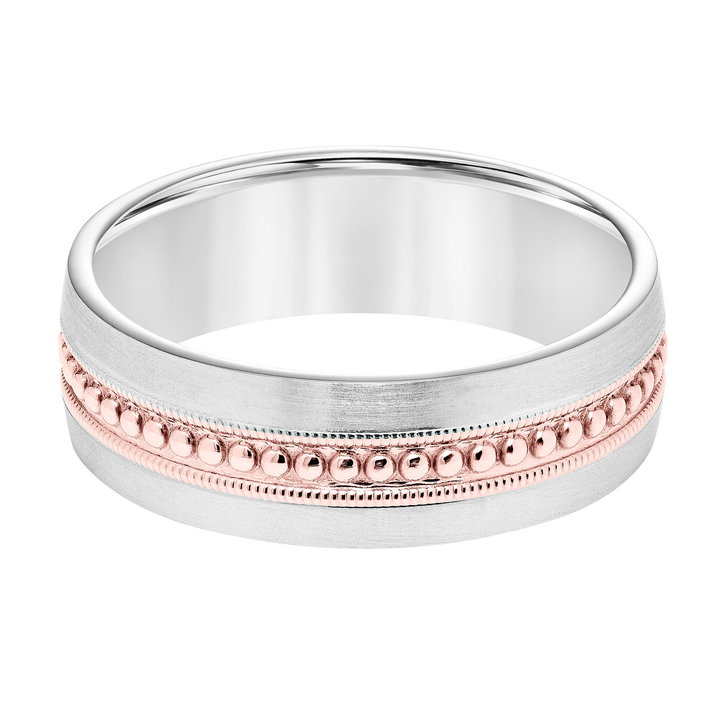 Beaded Milgrain 7mm Wedding Band In White And Yellow Gold 14K