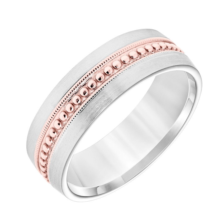 Beaded Milgrain 7mm Wedding Band In White And Yellow Gold 14K