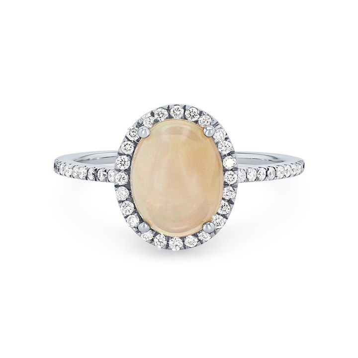White Gold 14K Oval Opal Ring with Diamond Halo