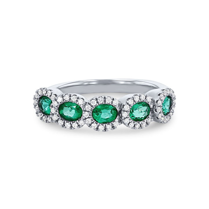 White Gold 14K Green Emerald and Diamond Halo Band
