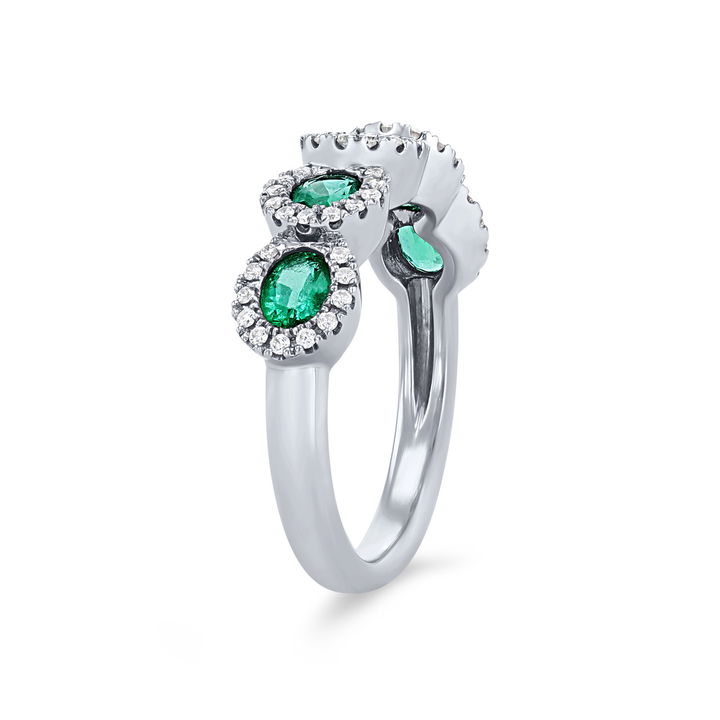 White Gold 14K Green Emerald and Diamond Halo Band