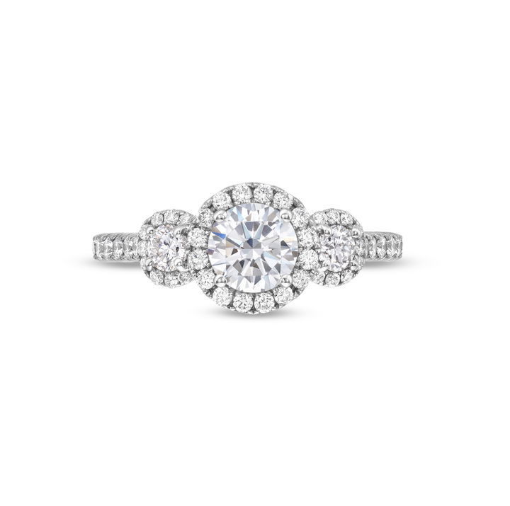 White Gold 14K Three Stone Round Diamond Halo Pave Engagement Setting by Diamonds Direct Designs