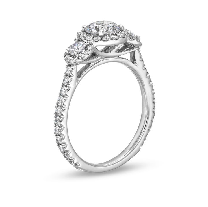 White Gold 14K Three Stone Round Diamond Halo Pave Engagement Setting by Diamonds Direct Designs