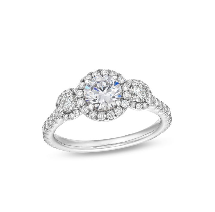 White Gold 14K Three Stone Round Diamond Halo Pave Engagement Setting by Diamonds Direct Designs
