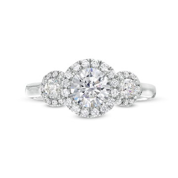 Three Stone Round Diamond Halo Engagement Setting by Adorette In White Gold 14K