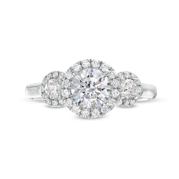 Three Stone Round Diamond Halo Engagement Setting by Adorette In White Gold 14K