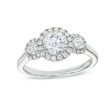 Three Stone Round Diamond Halo Engagement Setting by Adorette In White Gold 14K
