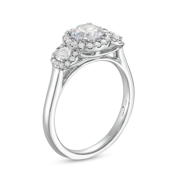 Three Stone Round Diamond Halo Engagement Setting by Adorette In White Gold 14K