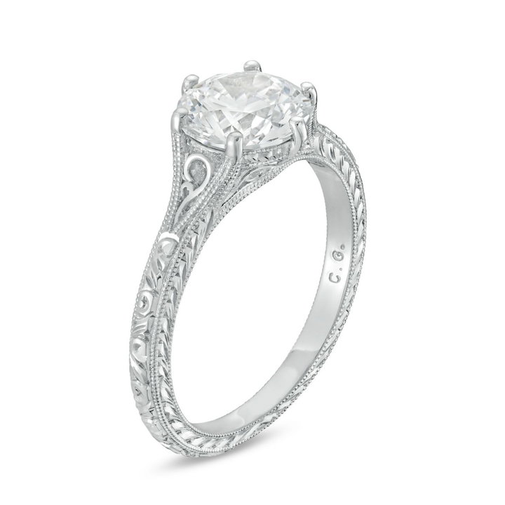Solitaire Six Prong Engraved Engagement Setting by C. Gonshor In White Gold 14K