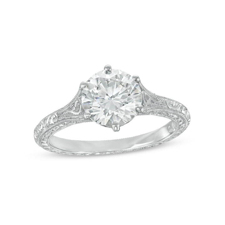 Solitaire Six Prong Engraved Engagement Setting by C. Gonshor In White Gold 14K