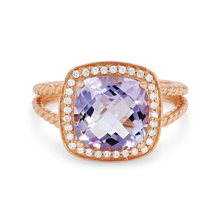Rose Gold 14K Pink Amethyst and Diamond Halo Rope Ring