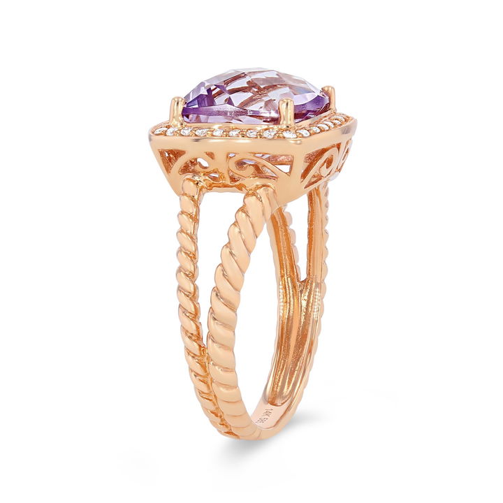 Rose Gold 14K Pink Amethyst and Diamond Halo Rope Ring