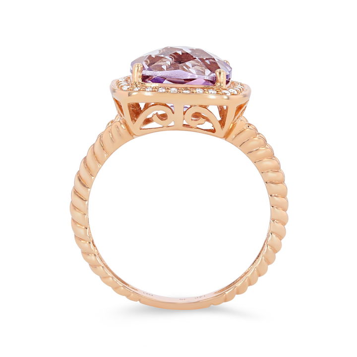 Rose Gold 14K Pink Amethyst and Diamond Halo Rope Ring
