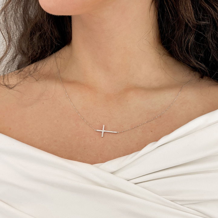 Horizontal Diamond Cross Pendant In Yellow Gold 14K