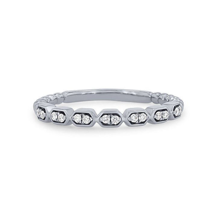 White Gold 14K Geometric Beaded Diamond Wedding Band