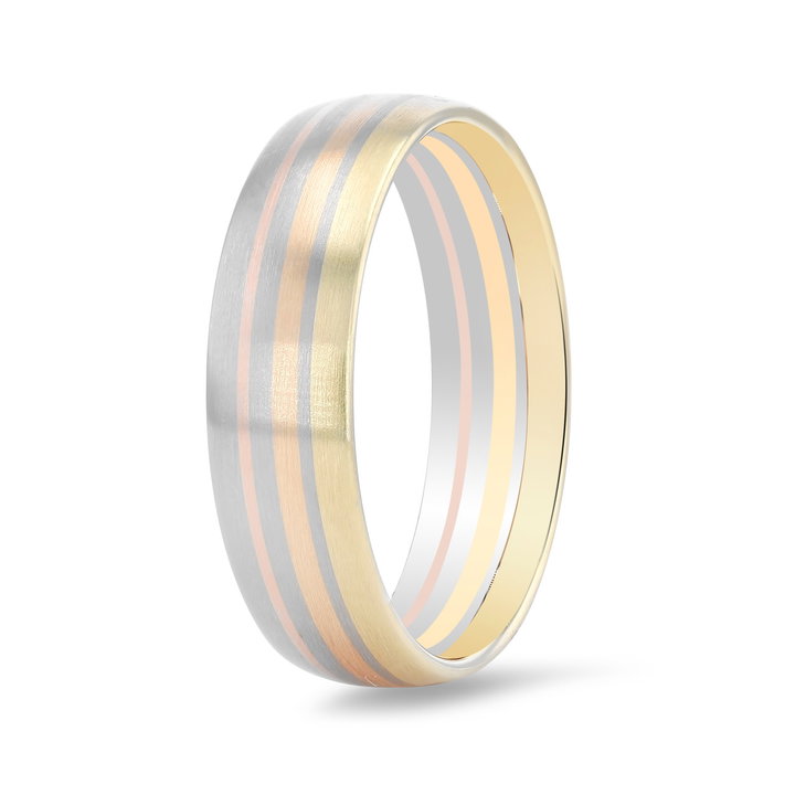 Tri Tone Striped 6mm Wedding Band In Solid 14K Tri-color