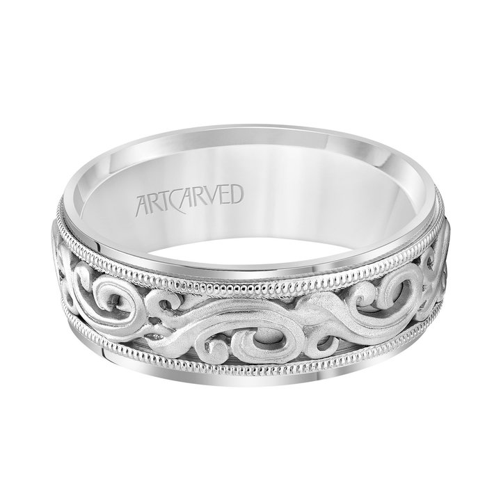 Carved Filigree 7.5mm Wedding Band In White Gold 14K