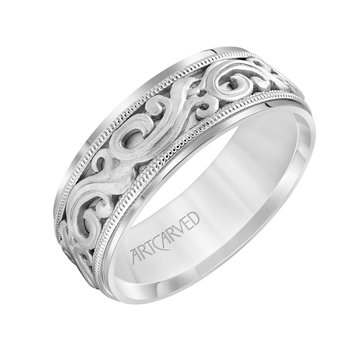 Carved Filigree 7.5mm Wedding Band In White Gold 14K