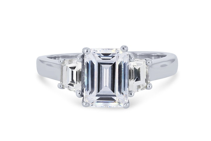 Three Stone Trapezoid Diamond Engagement Setting In White Gold 14K