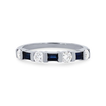 Alternating Baguette Sapphire and Round Diamond Wedding Band In White Gold 14K