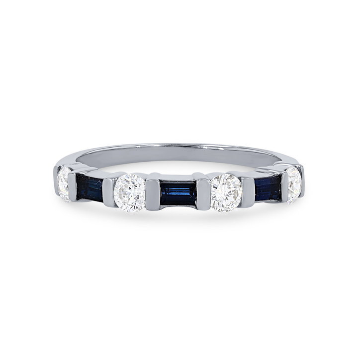 Alternating Baguette Sapphire and Round Diamond Wedding Band In White Gold 14K