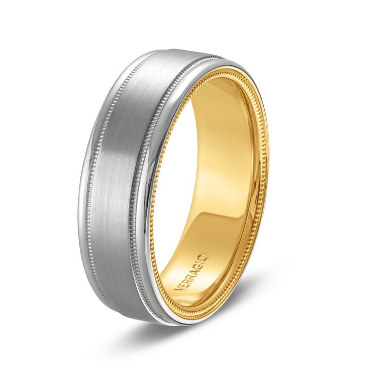 Verragio Matte Milgrain 7mm Wedding Band In White And Yellow Gold 14K
