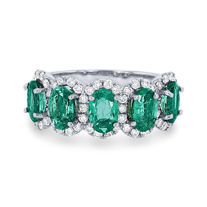 Oval Green Emerald and Diamond Halo Band In White Gold 14K