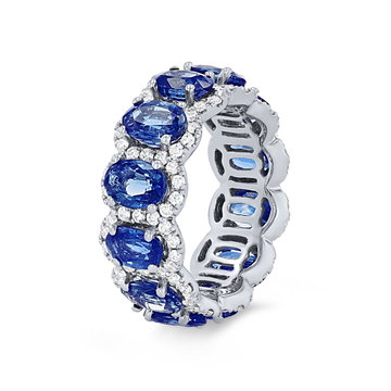 Sapphire and Diamond Halo Eternity Wedding Band In Platinum