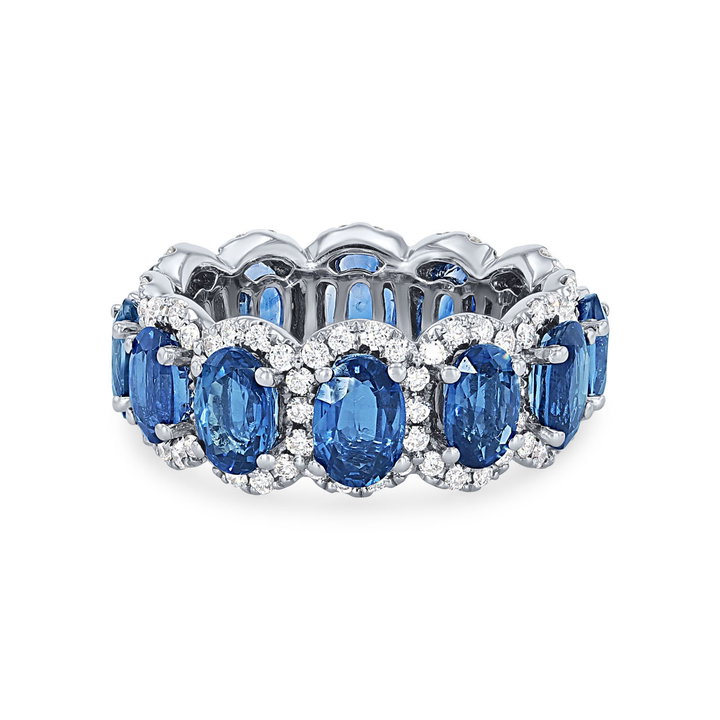 Sapphire and Diamond Halo Eternity Wedding Band In Platinum