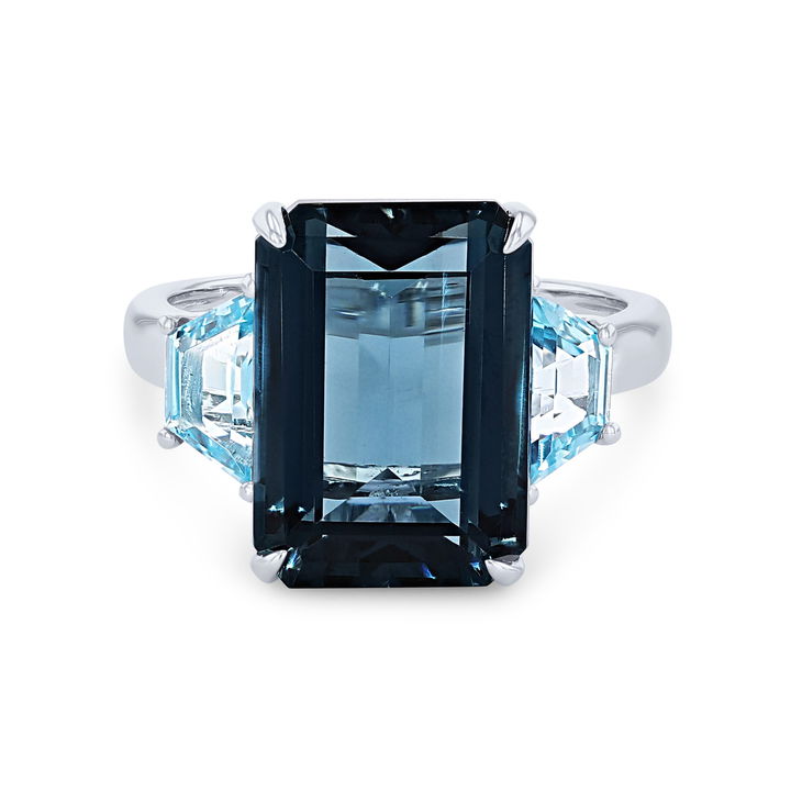 Three Stone London Blue Topaz Ring In White Gold 14K
