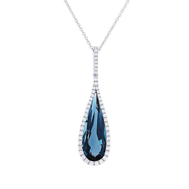 London Blue Topaz Halo Drop Pendant In White Gold 14K