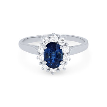 Oval Sapphire and Diamond Halo Ring In White Gold 14K