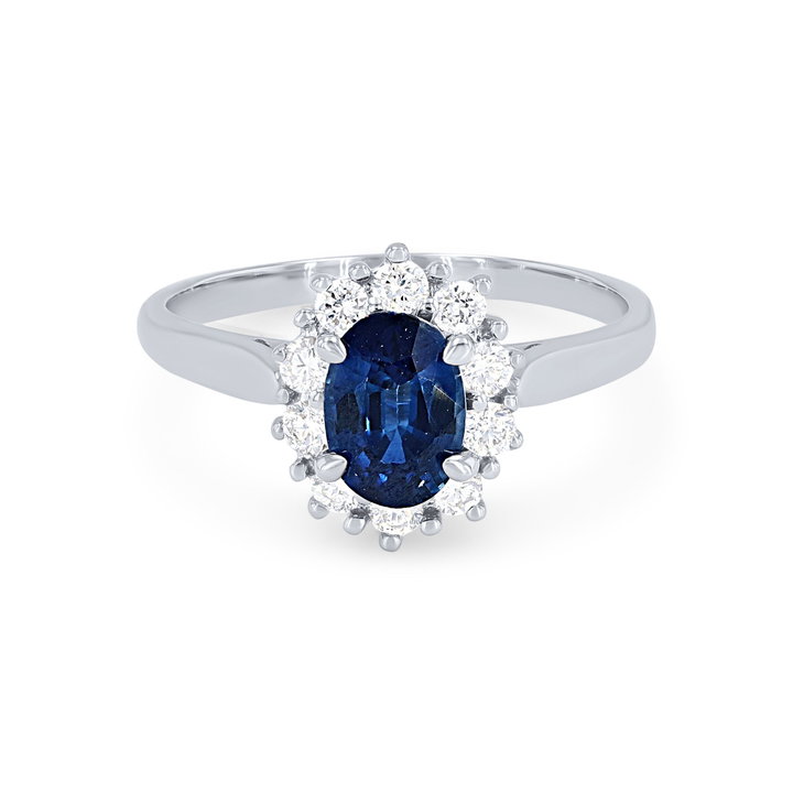Oval Sapphire and Diamond Halo Ring In White Gold 14K