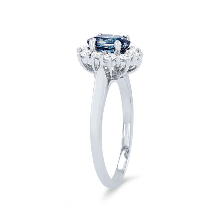Oval Sapphire and Diamond Halo Ring In White Gold 14K