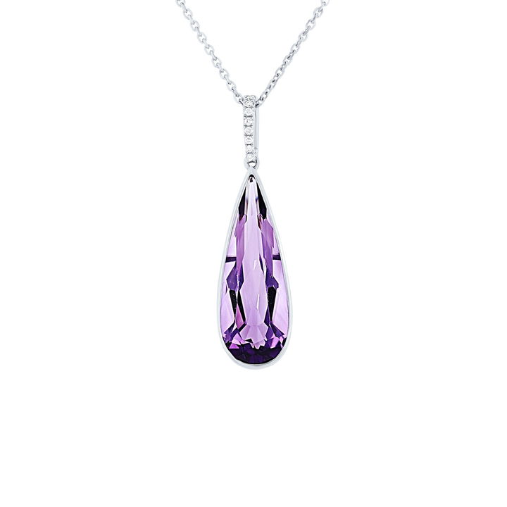 Amethyst and Diamond Drop Pendant In White Gold 14K