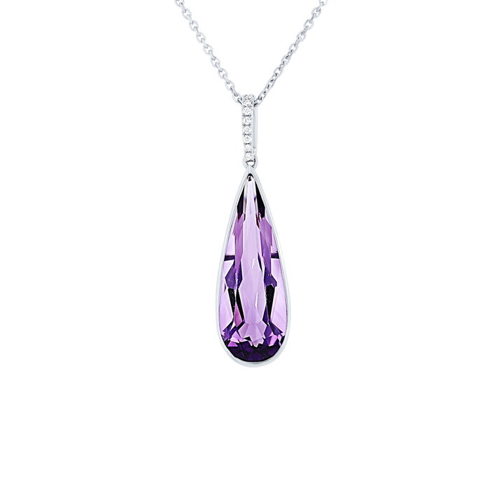 Amethyst and Diamond Drop Pendant In Solid 14K White Gold